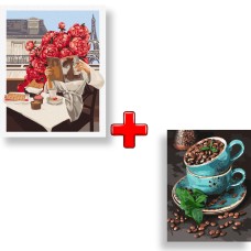 Набор картин по номерам 2 в 1 Идейка "Цветущий Париж" 40х50 KHO4898 и "Ароматные кофейные зерна" 30х40 KHO5636