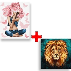 Набір картин за номерами 2 в 1 Ідейка "Дівчина-троянда" 40х50 KHO4798 та "Розкішний лев" 40х40 KHO4286