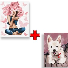 Набор картин по номерам 2 в 1 Идейка "Девушка-роза" 40х50 KHO4798 и "Игривый щенок" 30х40 KHO4289