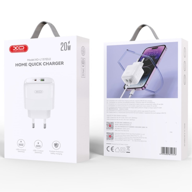 Мережевий зарядний пристрій XO L137 PD20W+QC18W Арт.47985