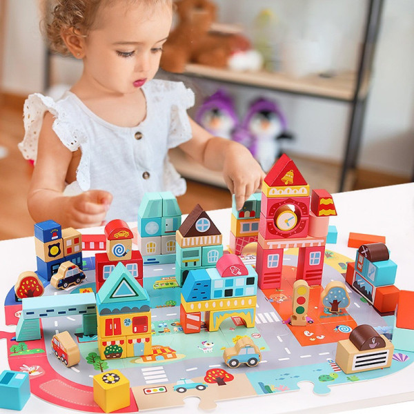 Дерев'яний конструктор "Місто" C 75545, 12 пазлів, 88 деталей (C 75545)