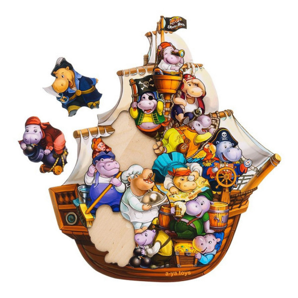 Дерев'яний пазл-вкладиш "Бегемотики-пірати" Ubumblebees (ПСД083) PSD083, 13 бегемотиків (PSD083)