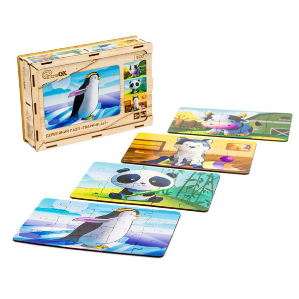 Детский деревянный пазл Животные 4 в 1 Puz-10369, 80 элементов (Puz-10369)