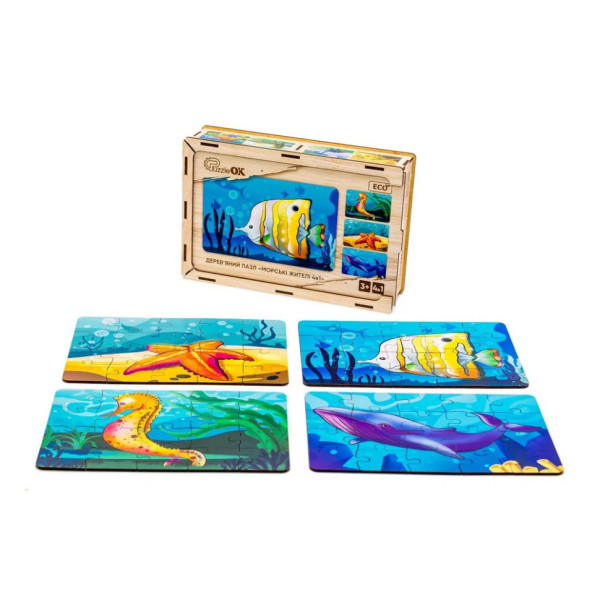 Дитячий дерев'яний пазл Морські жителі 4 в 1 Puz-57896, 80 елементів (Puz-57896)