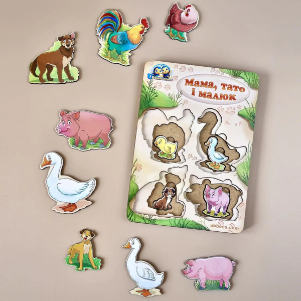 Дерев'яний пазл-вкладиш "Сім'я-свійські тварини-2" Ubumblebees (ПСФ003) PSF003 більше-менше (PSF003)