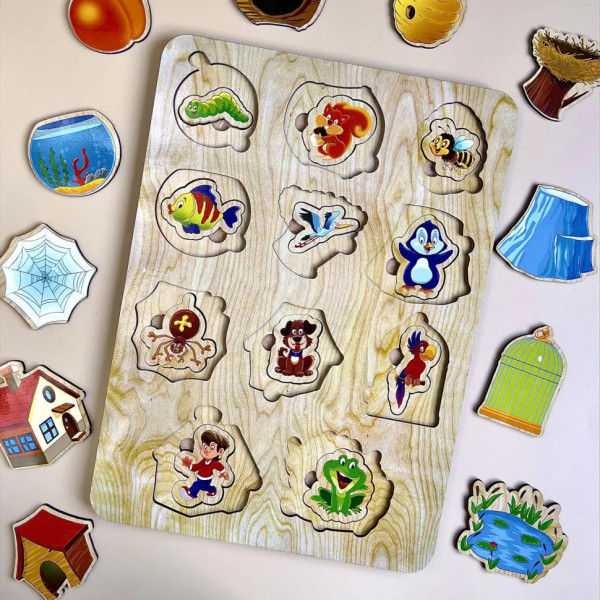 Дерев'яний пазл-вкладиш "Хто? Де живе?" Ubumblebees (ПСД059) PSD059 сортер (PSD059)