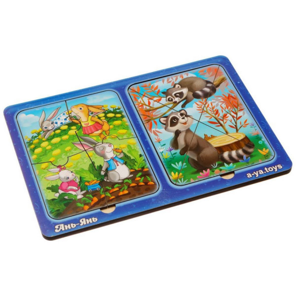 Дерев'яний пазл-вкладиш "Зайчики та єнотики" Ubumblebees (ПСД182) PSD182 в рамці (PSD182)