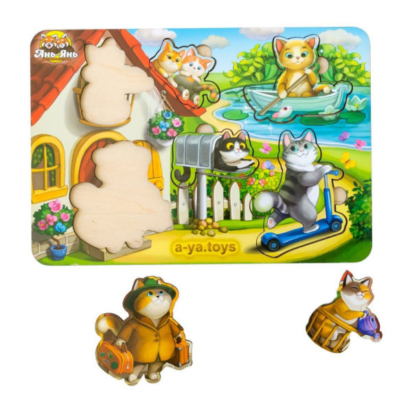 Дерев'яний пазл-вкладиш "Котики - 1" Ubumblebees (ПСД140) PSD140 з будиночком (PSD140)