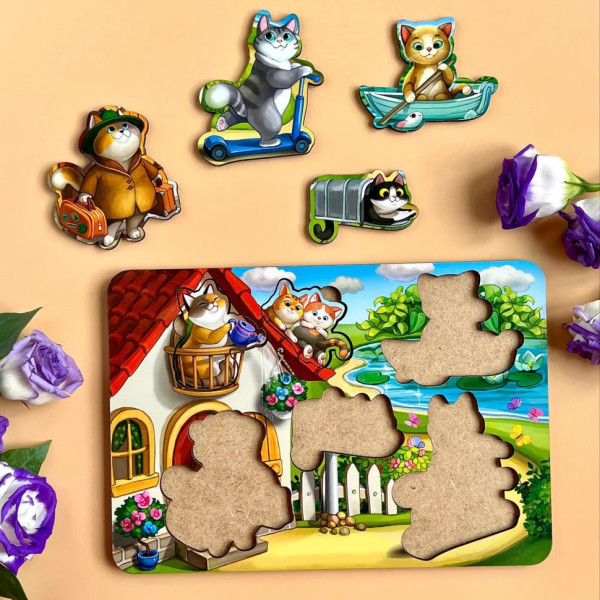 Дерев'яний пазл-вкладиш "Котики - 1" Ubumblebees (ПСД140) PSD140 з будиночком (PSD140)