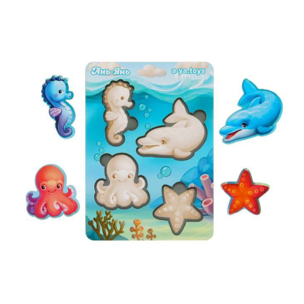 Дерев'яний пазл-вкладиш "Морські тварини-1" Ubumblebees (ПСФ055) PSF055 фон із підказкою (PSF055)