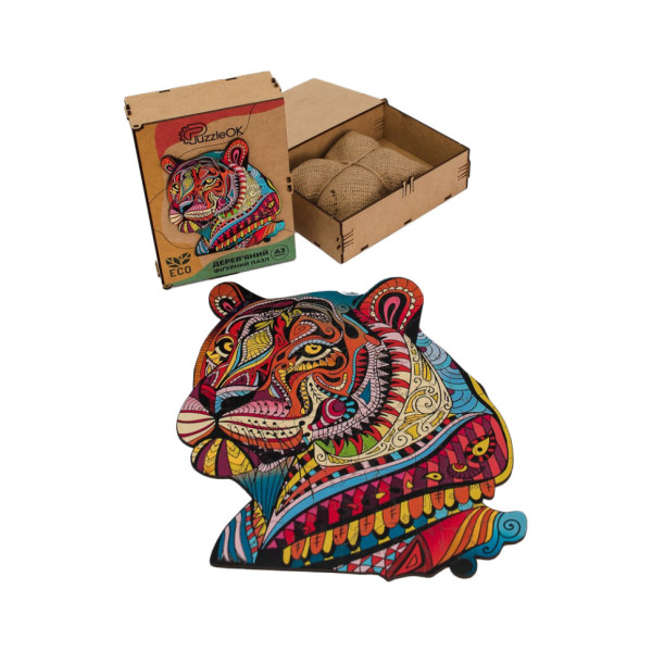 Фігурний дерев'яний пазл A3 "Загадковий тигр" PuzA3-03110, 129 деталей (PuzA3-03110)