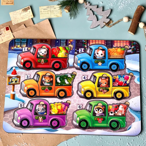 Дерев'яна гра з картками "Тварини на машинках" Ubumblebees (ПСФ132) PSF132, 42 деталі і 12 карток  (PSF132)