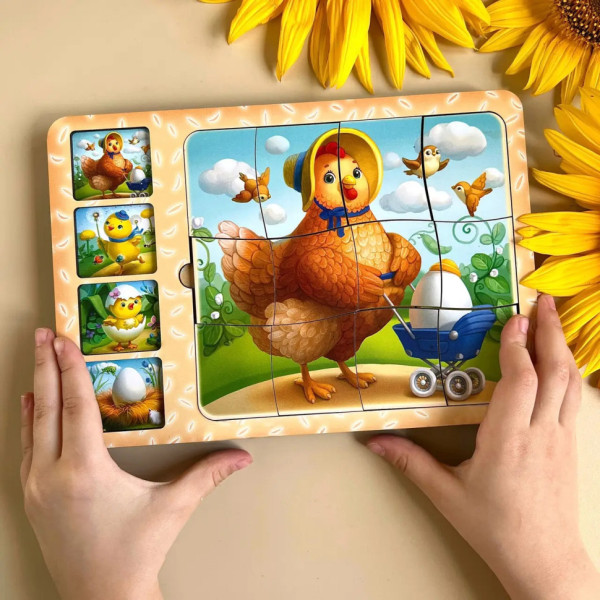 Дерев'яна настільна гра "Етапи розвитку курочки" Ubumblebees (ПСФ018) PSF018 сортер-пазл    (PSF018)