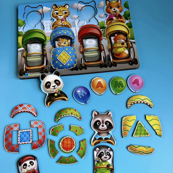 Дерев'яна настільна гра "Звірі у візках" Ubumblebees (ПСД176) PSD176 сортер-вкладиш (PSD176)