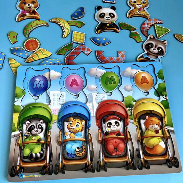 Дерев'яна настільна гра "Звірі у візках" Ubumblebees (ПСД176) PSD176 сортер-вкладиш (PSD176)