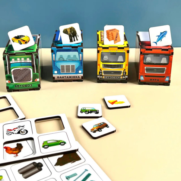 Дерев'яна настільна гра "Автопарк" Ubumblebees (ПСД082) PSD082 сортер-комодик (PSD082)