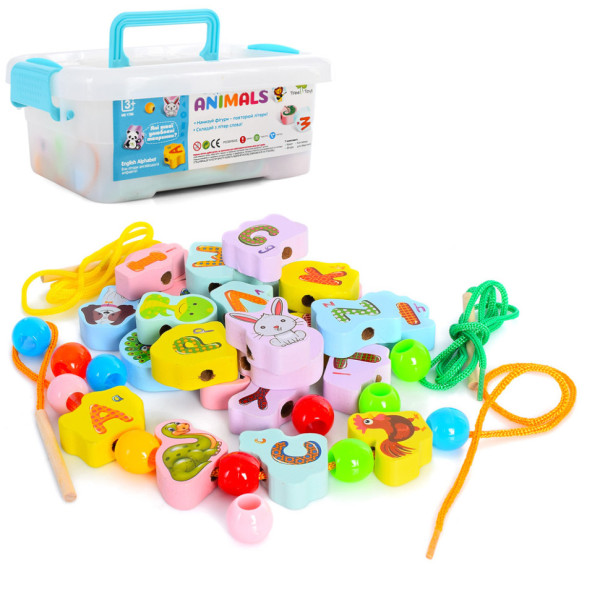 Дерев'яна іграшка Шнурівка MD 1786 фігурки 42 шт, в пластиковій скриньці
