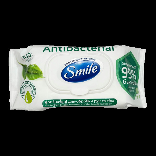 SMILE Влажные салфетки Antibacterial с подорожником с клапаном 100шт (9уп/ящ)