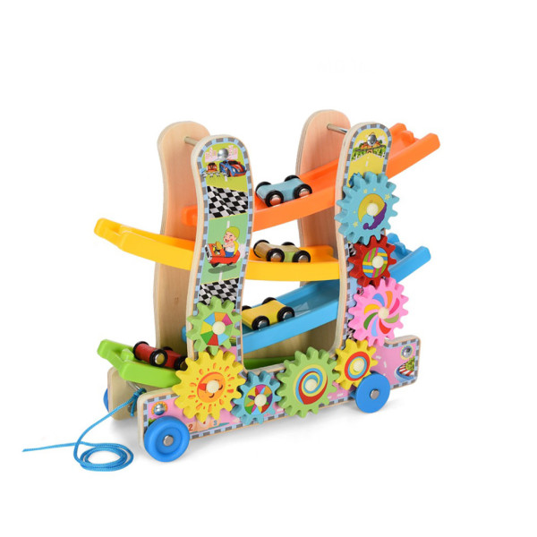 Дерев'яна іграшка "Трек" MD2594 каталка, машинки 4см 3шт, шестерні (MD2594)