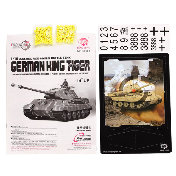 Танк на радіокеруванні German King Tiger HENG LONG 3888-1 стріляє кульками