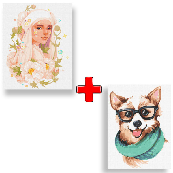 Набір картин за номерами 2 в 1 "Рожева фанта зія" 40х50 KHO2555 та "Стильний коргі" 30х40 KHO4288