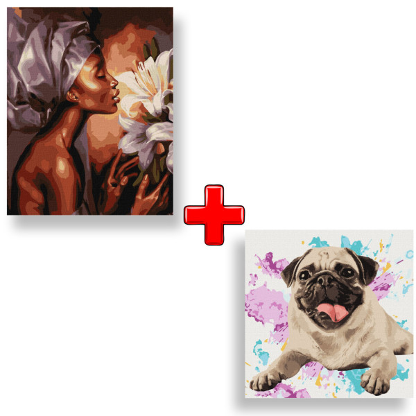 Набор картин по номерам 2 в 1 "Аромат лилий" 40х50 KHO4846 и "Любимый мопс" 40х40 KHO4316