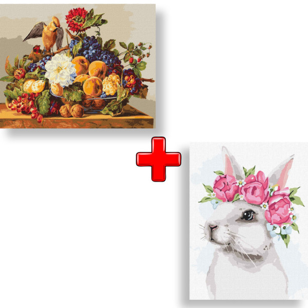 Набор картин по номерам 2 в 1 Идейка "Обед свиристеля" 40х50 KHO4396 и "Белый зайчик" 30х40 KHO4257