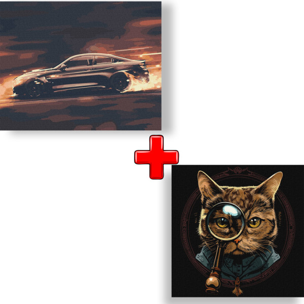 Набор картин по номерам 2 в 1 Идейка "Бешеная скорость" 40х50 KHO2521 и "Мир в деталях" 40х40 KHO4482