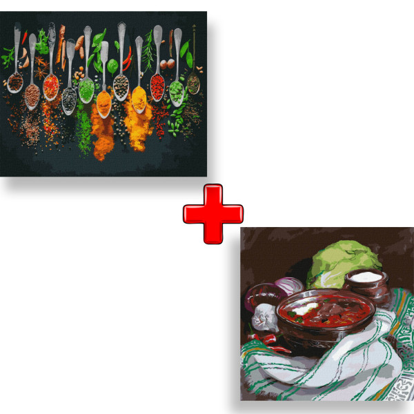 Набор картин по номерам 2 в 1 Идейка "Пряности мира" 40х50 KHO5673 и "Обед у бабушки" 40х40 KHO5652