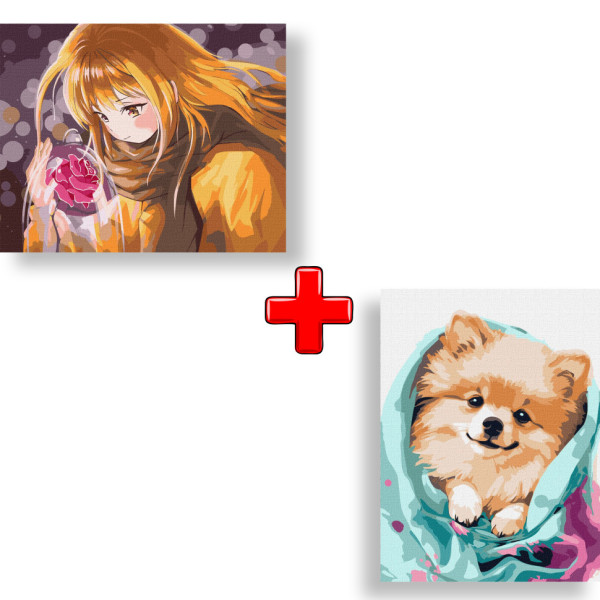 Набір картин за номерами 2 в 1 "Промінь щастя" 40х50 KHO2580 та "Щасливий шпіц" 30х40 KHO6545