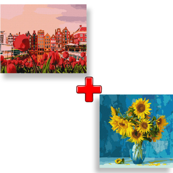 Набор картин по номерам 2 в 1 "Вечерний Амстердам" 40х50 KHO2863 и "Любимые подсолнухи" 40х40 KHO3206