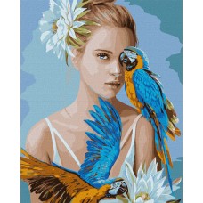 Картина по номерам. Идейка "Девушка с голубыми попугаями" 40х50см KHO4802