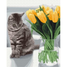Картина за номерами "Котик з тюльпанами" Brushme BS52638 40х50 см