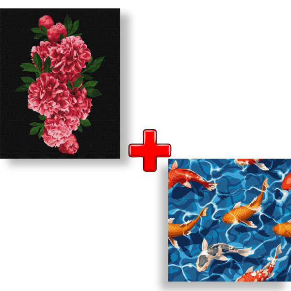 Набір картин за номерами 2 в 1 "Пристрасні півонії" 40х50 KHO3095 та "Японські карпи" 40х40 KHO4321