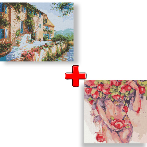 Набор картин по номерам 2 в 1 Идейка "На солнечной стороне улицы" 40х50 KHO2298 и "Яблучный соблазн" 40х40 KHO4989