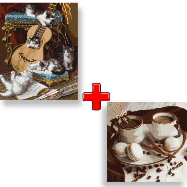 Набор картин по номерам 2 в 1 Идейка "Пушистые музыканты" 40х50 KHO4478 и "Кофе со вкусом любви" 40х40 KHO5645