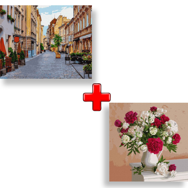 Набор картин по номерам 2 в 1 Идейка "Улочками Львова" 40х50 KHO3594 и "Цветы вдохновения" 40х40 KHO3112