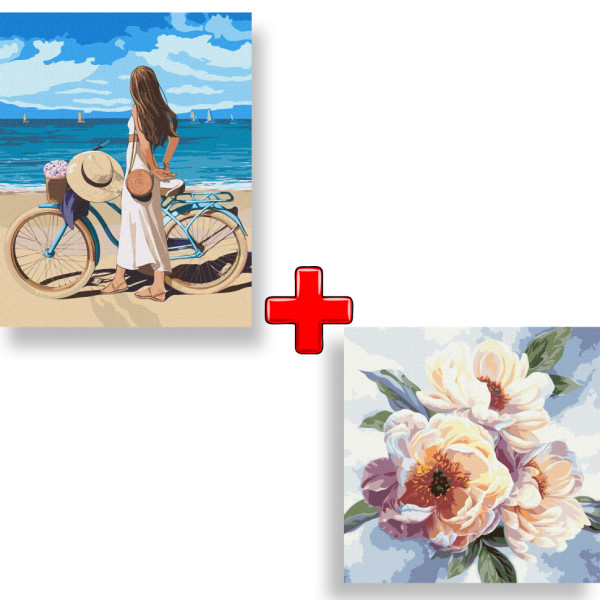 Набор картин по номерам 2 в 1 Идейка "Морское побережье" 40х50 KHO4999 и "Красота пионов" 40х40 KHO3213