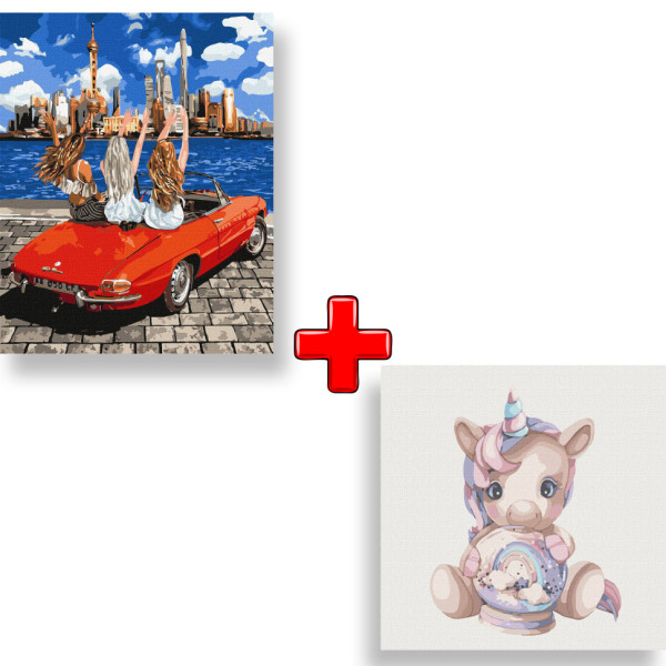 Набор картин по номерам 2 в 1 "Девочки-подружки" 40х50 KHO4712 и "Розовый единорог" 30х30 KHO6037