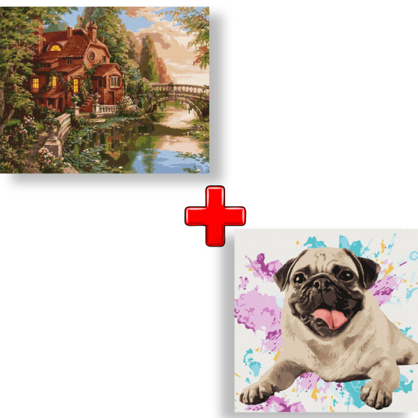 Набір картин за номерами 2 в 1 "Будинок-мрія" 40х50 KHO2508 та "Улюблений мопс" 40х40 KHO4316