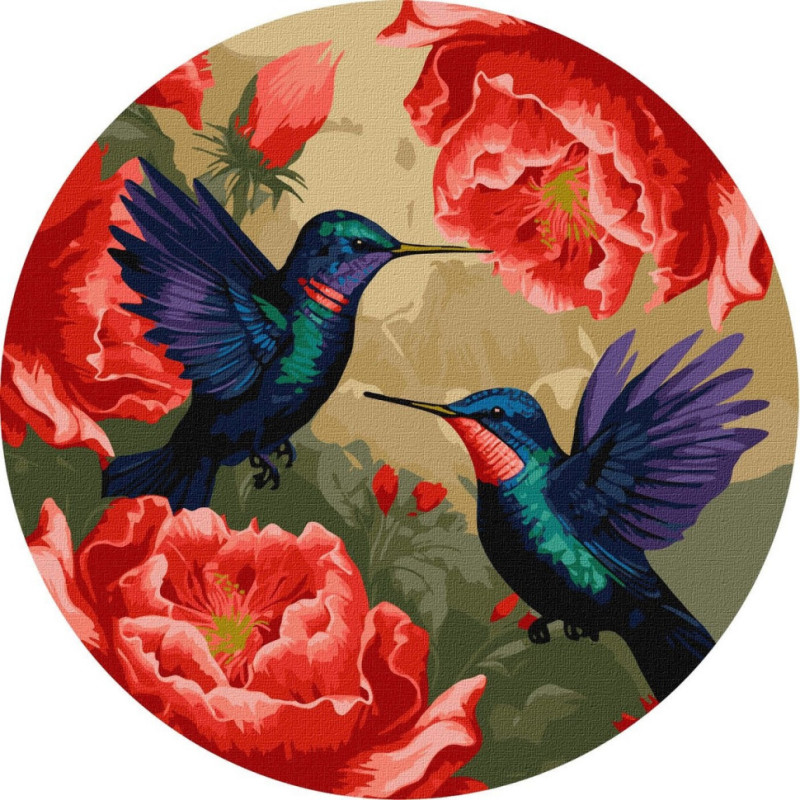 Картина за номерами "Різнокольорові колібрі з фарбами металік" ©art_selena_ua KHO-R1048 діаметр 39см