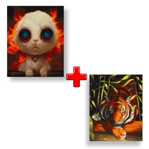 Набор картин по номерам 2 в 1 "Бавовнятко" 40х50 11671-AC и "Бенгальский тигр" 40х50 11618-AC