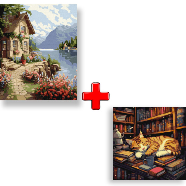Набор картин по номерам 2 в 1 Идейка "Домик садовницы" 40х50 KHO6326 и "Пушистый книголюб" 40х40 KHO6505