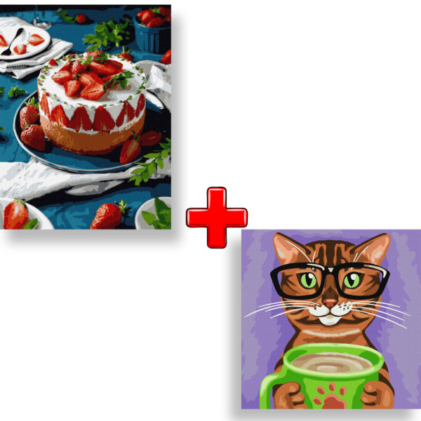 Набор картин по номерам 2 в 1 Идейка "Спелая клубничка" 40х50 KHO5608 и "Полосатый бариста" 40х40 KHO4313