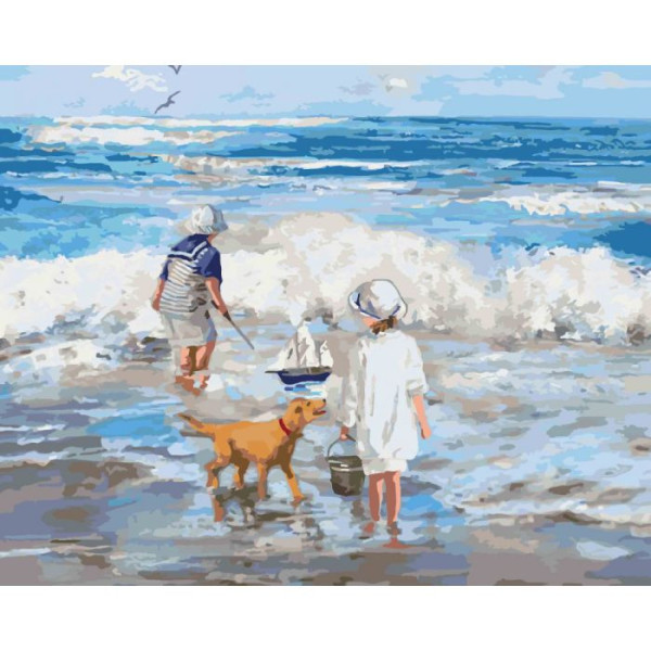 Картина по номерам. Дети "Играя с волнами" KHO2323, 40*50 см
