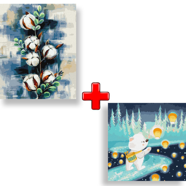 Набор картин по номерам 2 в 1 Идейка "Хлопок" 40х50 KHO5665 и "Небесные фонарики" 40х40 KHO6061