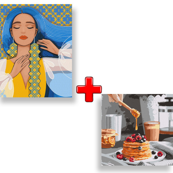 Набор картин по номерам 2 в 1 Идейка "Изысканная украинка" 40х50 KHO2581 и "Сладкие панкейки" 40х40 KHO5618