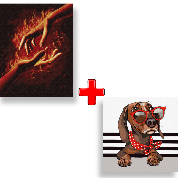 Набор картин по номерам 2 в 1 Идейка "Огонь между нами 1" 40х50 KHO4775 и "Стильная такса" 40х40 KHO4285