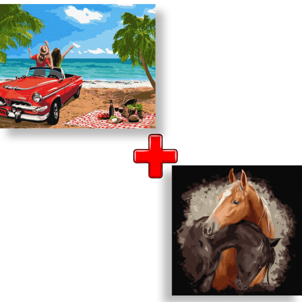 Набір картин за номерами 2 в 1 "Подорож з подругою" 40х50 KHO4758 та "Граціозна краса" 40х40 KHO4297