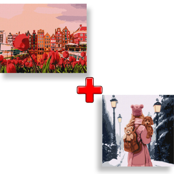 Набір картин за номерами 2 в 1 "Вечірній Амстердам" 40х50 KHO2863 та "Зимове місто" 40х40 KHO8328